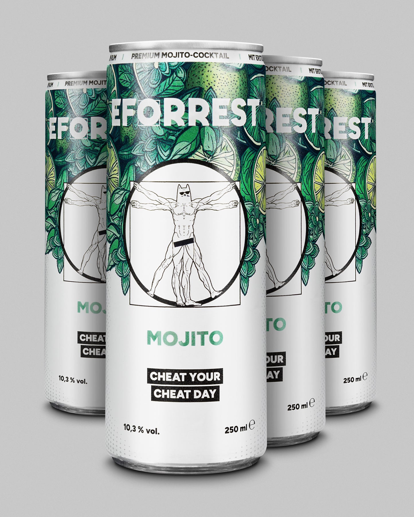 Das Bild zeigt ein Vierer-Arrangement von EFORREST-Dosen in der Sorte Mojito, auf hellgrauem Hintergrund. Die Dosen haben ein auffälliges Design mit grünem Pflanzenmuster und zeigen zentral eine Illustration eines muskulösen Körpers mit Katzenkopf, angelehnt an da Vincis Vitruvianischen Menschen. Darüber steht der Markenname „EFORREST“ in weißer Schrift, darunter „MOJITO“ in Mintgrün und der Slogan „CHEAT YOUR CHEAT DAY“ in einem schwarzen Kasten. Jede Dose fasst 250 ml und enthält 10,3 % vol. Alkohol.