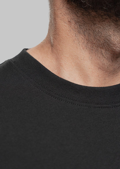 Detailaufnahme eines schwarzen T-Shirts mit Fokus auf den Halsbereich eines Mannes mit kurzem Bartwuchs. Sichtbar ist der fein gerippte Rundhalsausschnitt des Shirts mit doppelter Naht. Die Textur des Stoffes ist glatt, matt und engmaschig, was auf hochwertige Verarbeitung hinweist. Der Teint des Mannes ist hell bis leicht gebräunt. Die Perspektive zeigt ausschließlich den unteren Teil seines Bartes, Halses und Schlüsselbeins – der Bildausschnitt bleibt auf Stoffqualität und Tragekomfort fokussiert.