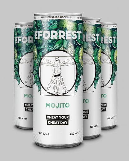 Das Bild zeigt ein Vierer-Arrangement von EFORREST-Dosen in der Sorte Mojito, auf hellgrauem Hintergrund. Die Dosen haben ein auffälliges Design mit grünem Pflanzenmuster und zeigen zentral eine Illustration eines muskulösen Körpers mit Katzenkopf, angelehnt an da Vincis Vitruvianischen Menschen. Darüber steht der Markenname „EFORREST“ in weißer Schrift, darunter „MOJITO“ in Mintgrün und der Slogan „CHEAT YOUR CHEAT DAY“ in einem schwarzen Kasten. Jede Dose fasst 250 ml und enthält 10,3 % vol. Alkohol.