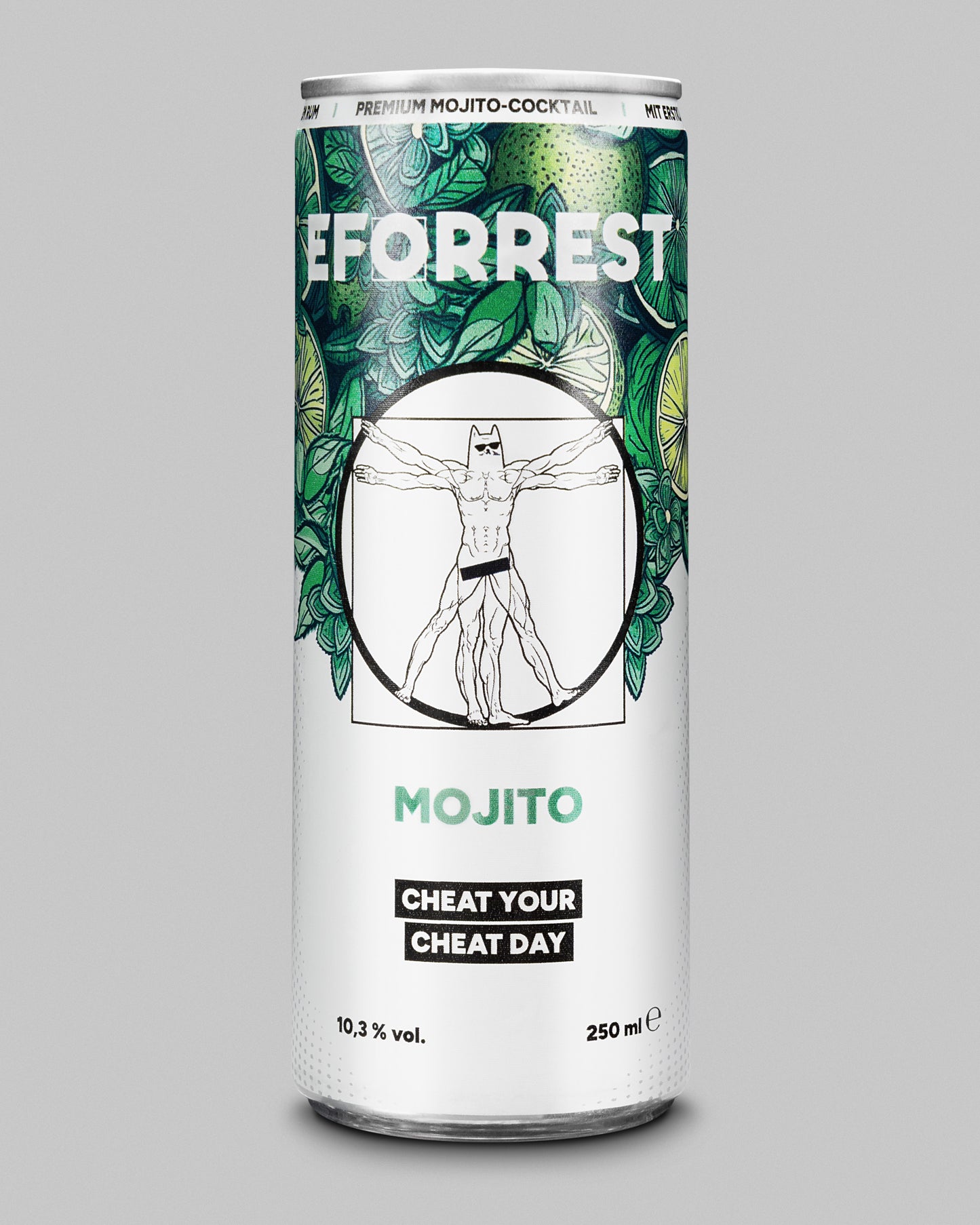 Abgebildet ist eine 250-ml-Dose des alkoholischen Cocktails „EFORREST Mojito“ mit einem Alkoholgehalt von 10,3 %. Das Dosen-Design zeigt einen grünen Hintergrund aus Limetten und Minzblättern. Im Zentrum befindet sich eine Illustration eines muskulösen Körpers mit Katzenkopf, inspiriert von Leonardos Vitruvianischem Menschen. Darunter steht „MOJITO“ in mintgrüner Schrift sowie der Slogan „CHEAT YOUR CHEAT DAY“ in weißer Schrift auf schwarzem Hintergrund.