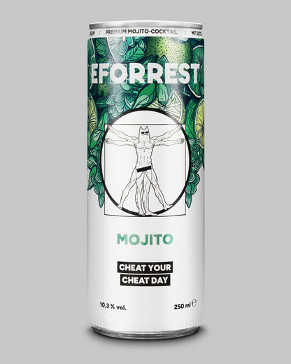 Abgebildet ist eine 250-ml-Dose des alkoholischen Cocktails „EFORREST Mojito“ mit einem Alkoholgehalt von 10,3 %. Das Dosen-Design zeigt einen grünen Hintergrund aus Limetten und Minzblättern. Im Zentrum befindet sich eine Illustration eines muskulösen Körpers mit Katzenkopf, inspiriert von Leonardos Vitruvianischem Menschen. Darunter steht „MOJITO“ in mintgrüner Schrift sowie der Slogan „CHEAT YOUR CHEAT DAY“ in weißer Schrift auf schwarzem Hintergrund.