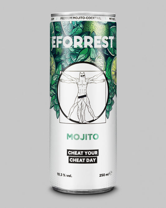 Abgebildet ist eine 250-ml-Dose des alkoholischen Cocktails „EFORREST Mojito“ mit einem Alkoholgehalt von 10,3 %. Das Dosen-Design zeigt einen grünen Hintergrund aus Limetten und Minzblättern. Im Zentrum befindet sich eine Illustration eines muskulösen Körpers mit Katzenkopf, inspiriert von Leonardos Vitruvianischem Menschen. Darunter steht „MOJITO“ in mintgrüner Schrift sowie der Slogan „CHEAT YOUR CHEAT DAY“ in weißer Schrift auf schwarzem Hintergrund.