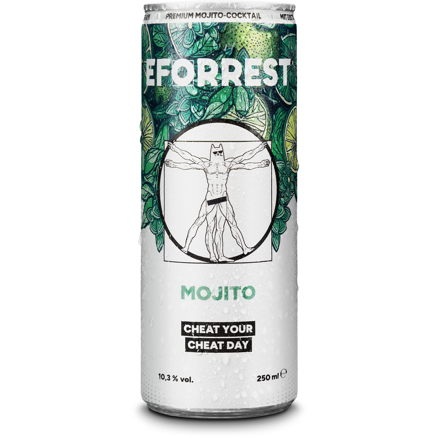 Abgebildet ist eine leicht beschlagene, gekühlte 250-ml-Dose des alkoholischen Cocktails „EFORREST Mojito“ mit einem Alkoholgehalt von 10,3 %. Das Dosen-Design zeigt einen grünen Hintergrund aus Limetten und Minzblättern. Im Zentrum befindet sich eine Illustration eines muskulösen Körpers mit Katzenkopf, in Anlehnung an Leonardos Vitruvianischen Menschen. Die Aufschrift darunter lautet „MOJITO“ in mintgrüner Schrift sowie der Slogan „CHEAT YOUR CHEAT DAY“ in weißer Schrift auf schwarzem Hintergrund.