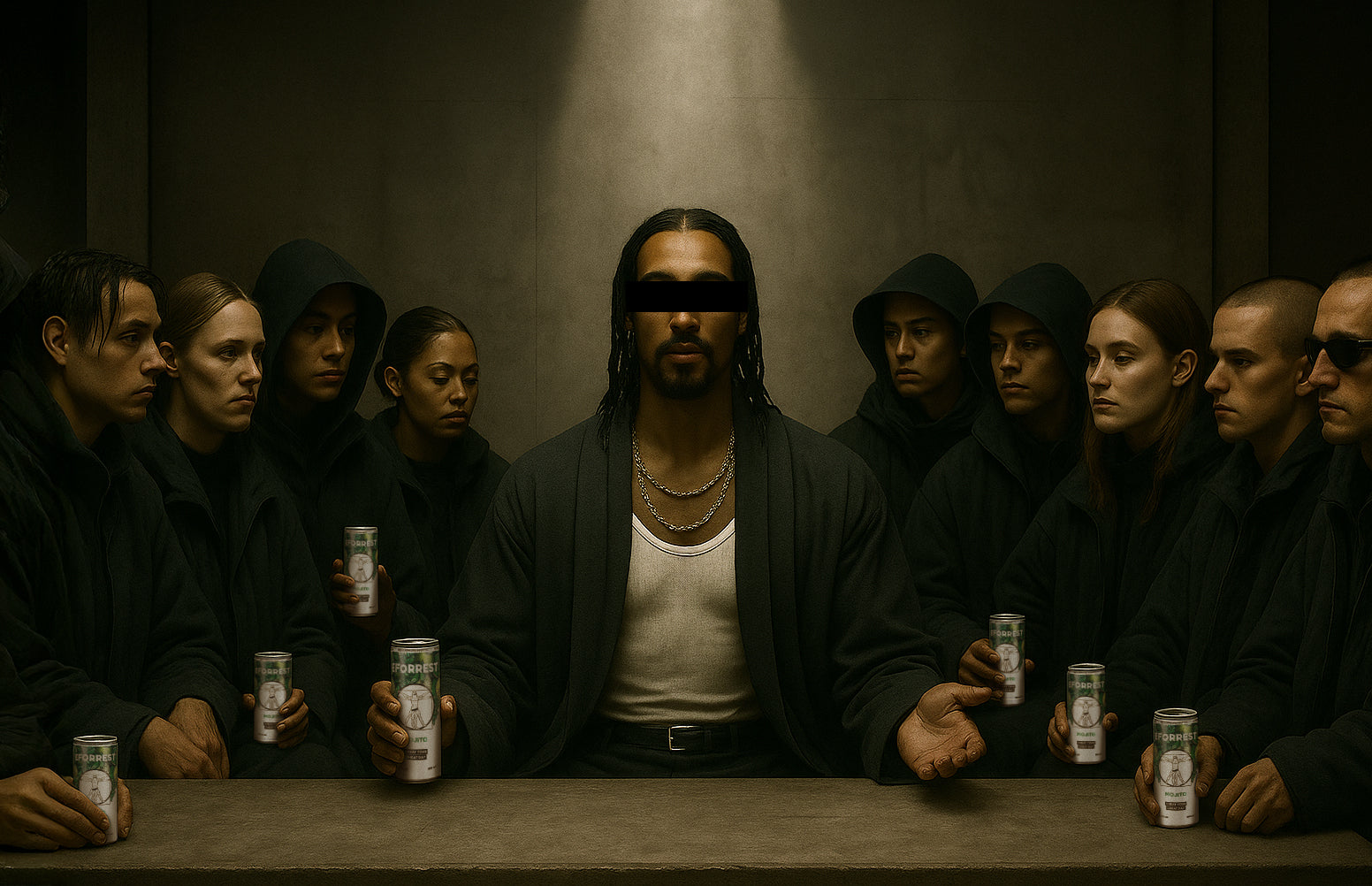Das Bild zitiert in moderner, düsterer Ästhetik Leonardo da Vincis „Das letzte Abendmahl“. Die zentrale Person – mit dunklen Dreadlocks, Muskelshirt, Mantel und mehreren Ketten – sitzt im Mittelpunkt einer Gruppe von elf weiteren Personen, die schwarz gekleidet sind, einige mit Kapuze. Die Szene ist in dunklen, cineastischen Tönen gehalten, mit gezielter Lichtführung auf die zentrale Figur. Alle halten eine geöffnete Dose des alkoholischen Getränks „EFORREST Mojito“, das ein stilisiertes Vitruv-Motiv trägt.