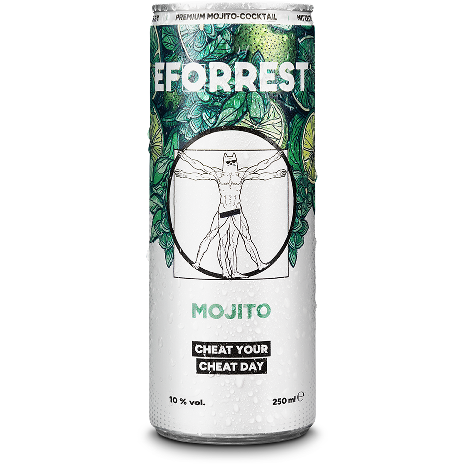 Abgebildet ist eine leicht beschlagene, gekühlte 250-ml-Dose des alkoholischen Cocktails „EFORREST Mojito“ mit einem Alkoholgehalt von 10,3 %. Das Dosen-Design zeigt einen grünen Hintergrund aus Limetten und Minzblättern. Im Zentrum befindet sich eine Illustration eines muskulösen Körpers mit Katzenkopf, in Anlehnung an Leonardos Vitruvianischen Menschen. Die Aufschrift darunter lautet „MOJITO“ in mintgrüner Schrift sowie der Slogan „CHEAT YOUR CHEAT DAY“ in weißer Schrift auf schwarzem Hintergrund.