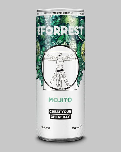 Abgebildet ist eine 250-ml-Dose des alkoholischen Cocktails „EFORREST Mojito“ mit einem Alkoholgehalt von 10 %. Das Dosen-Design zeigt einen grünen Hintergrund aus Limetten und Minzblättern. Im Zentrum befindet sich eine Illustration eines muskulösen Körpers mit Katzenkopf, inspiriert von Leonardos Vitruvianischem Menschen. Darunter steht „MOJITO“ in mintgrüner Schrift sowie der Slogan „CHEAT YOUR CHEAT DAY“ in weißer Schrift auf schwarzem Hintergrund.