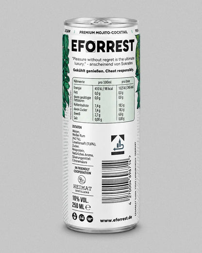 Das Bild zeigt die Rückseite einer einzelnen EFORREST Mojito Dose als professionelles Produktbild vor weißem Hintergrund. Oben auf der Dose steht groß das schwarze EFORREST Logo. Darunter befindet sich ein kurzer Spruch: „Pleasure without regret is the ultimate luxury.“ – anscheinend von Sokrates. Es folgt der Hinweis „Gekühlt genießen. Cheat responsibly.“ In der Mitte der Dose ist eine Nährwerttabelle mit Angaben pro 100 Milliliter und pro Dose abgebildet. Darunter stehen die Zutaten, darunter Wasser, weiß